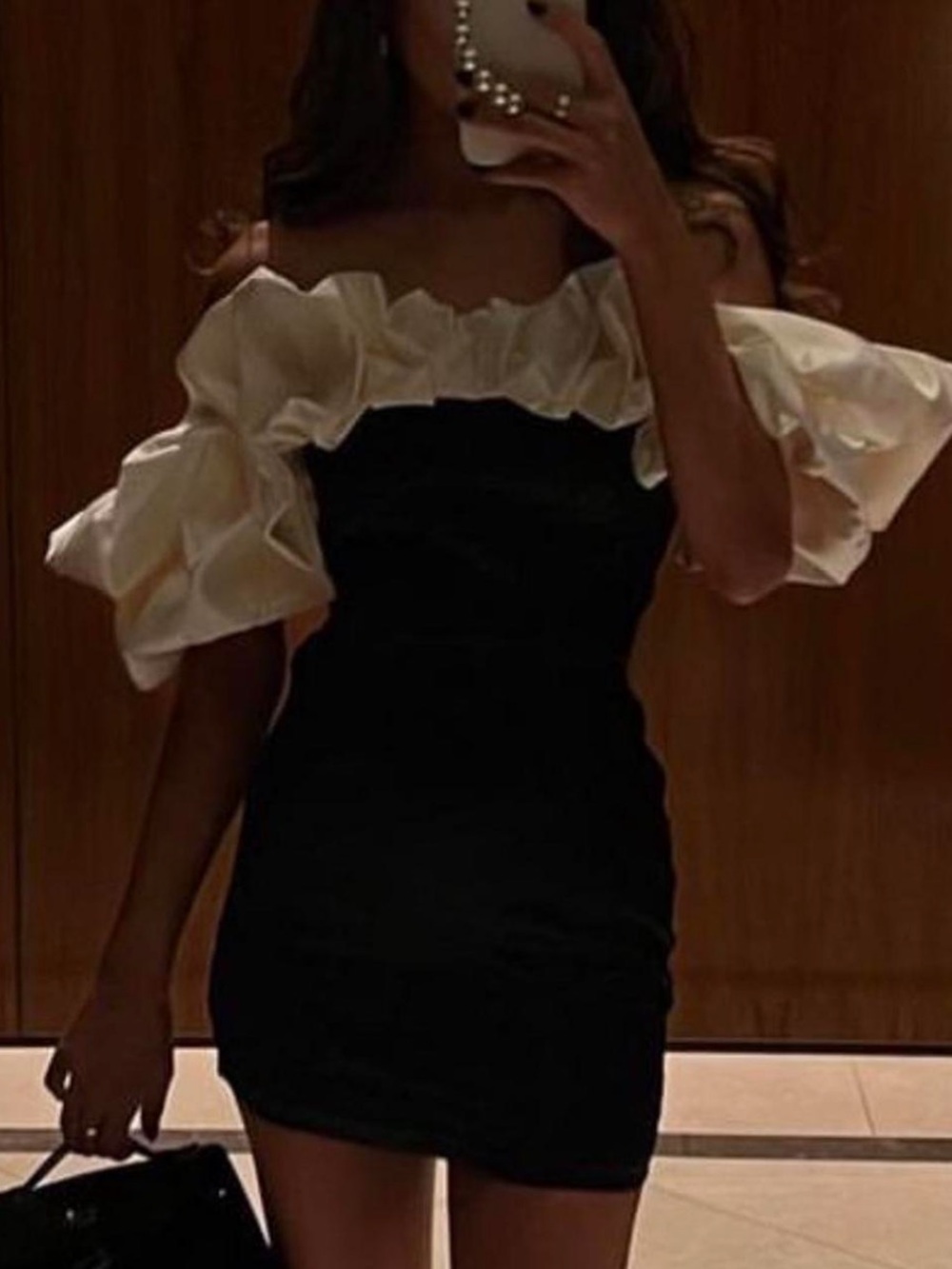 Pretty little thing PLT black white satin Bardot off shoulder puff mini dress *